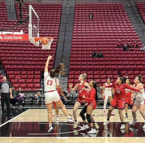 Junior gaurd Meghan Fiso goes up for a layup during the Aztecs 95-41 rout over the University of Antelope Valley on Saturday, Nov. 12.