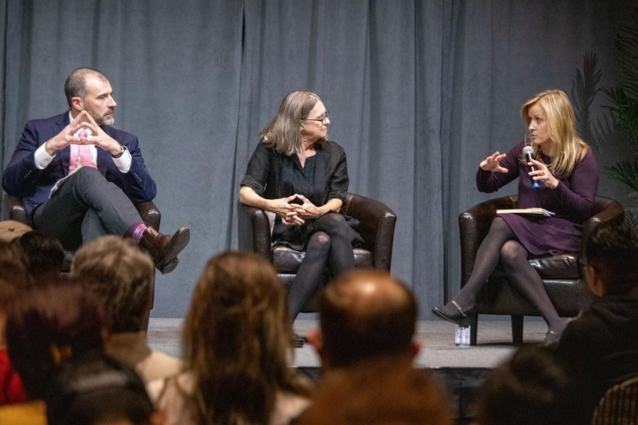 Kara Dixon Vulc (right), professor of War, Conflict, and Society in the 20th Century at Texas Christian University, discusses the effect of the Vietnam War on women with other panelists David Kieran (left) and Beth Bailey (center) in Montezuma Hall on Nov. 10.