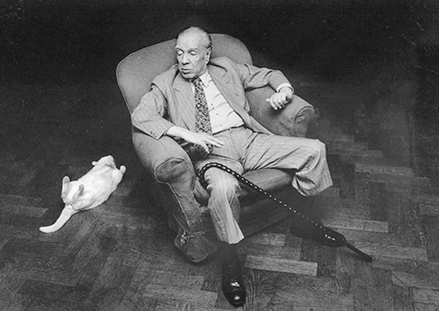 Jorge Luis Borges reclined in an armchair, with a cat, equally comfortable, by his side.