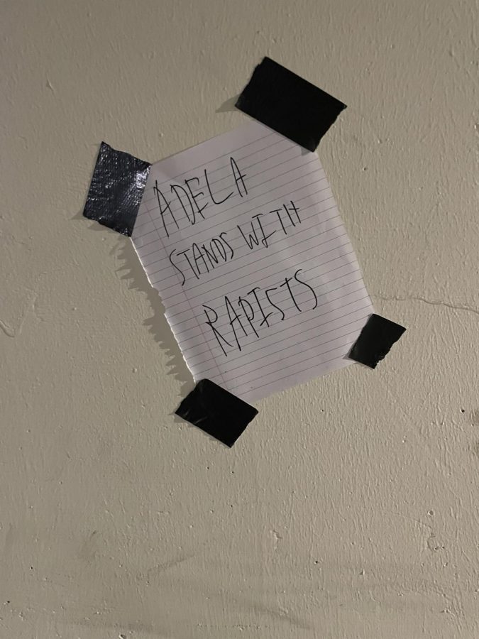 In the wake of the decision to not file criminal charges against three former SDSU football players for the alleged rape of a minor, a poster was taped to the wall on of Lamden Hall on Dec. 8 stating Adela stand with rapists. The poster is in reference to Dr. Adela de la Torre, SDSUs President.
