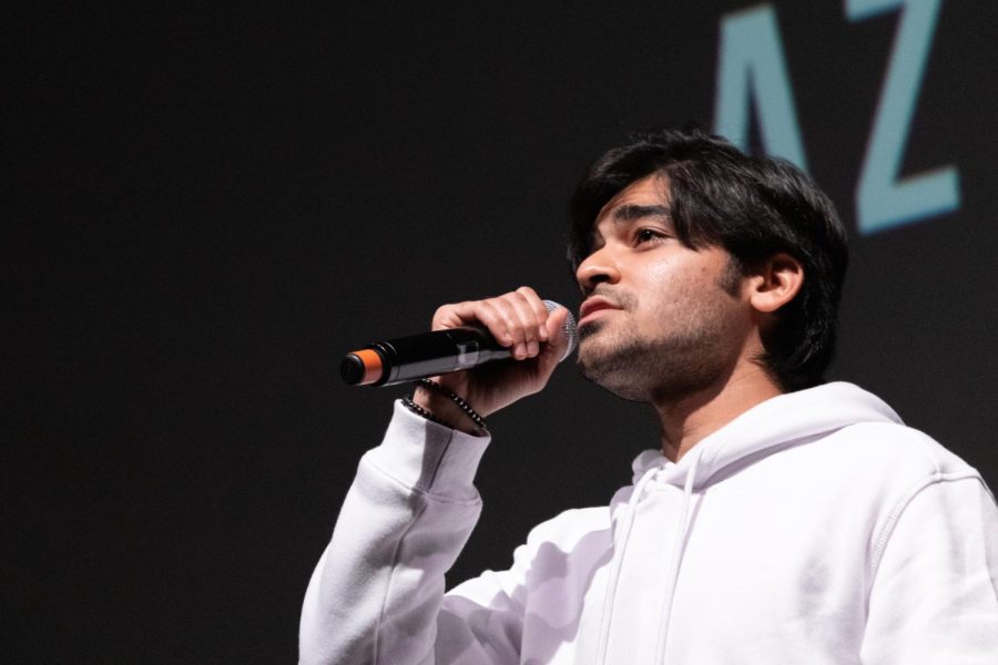 Computer science masters student Harsh Nahar performs his cover of the 2015 hit 7 Years by Lukas Graham in the Montezuma Hall Theater on Dec. 6.