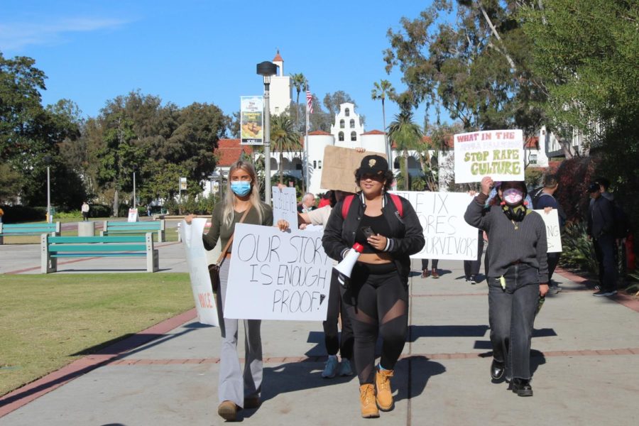 Student+protesters+march+through+SDSU+on+Dec.+14+in+response+to+the+District+Attorneys+Office+decision+to+not+file+criminal+charges+in+SDSU+alleged+rape+case.+