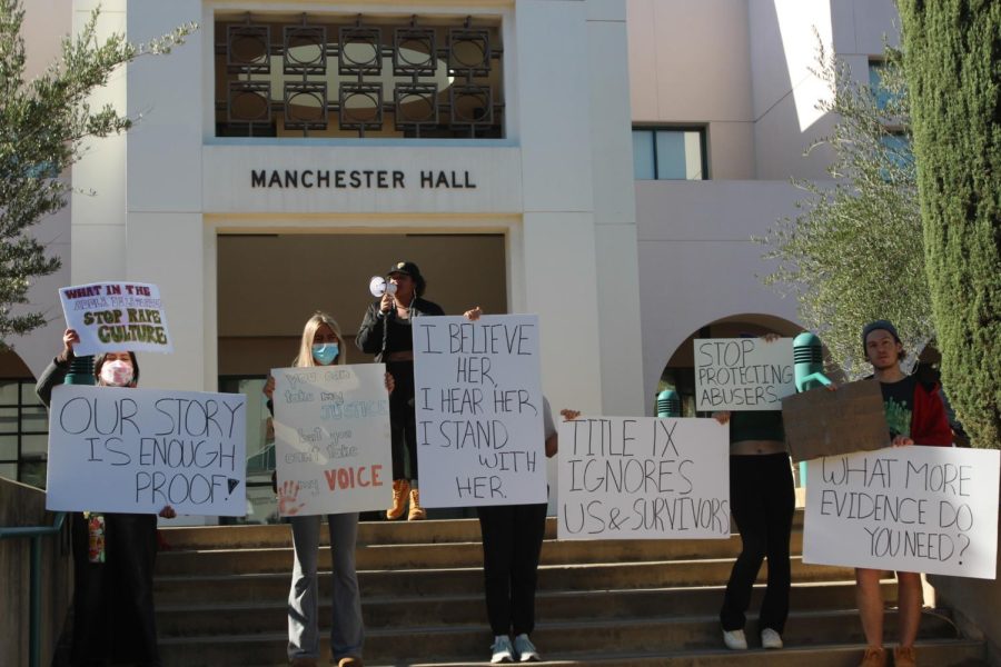 Student protesters finish their march in front of Manchester Hall and speak to on-lookers on Dec. 14.