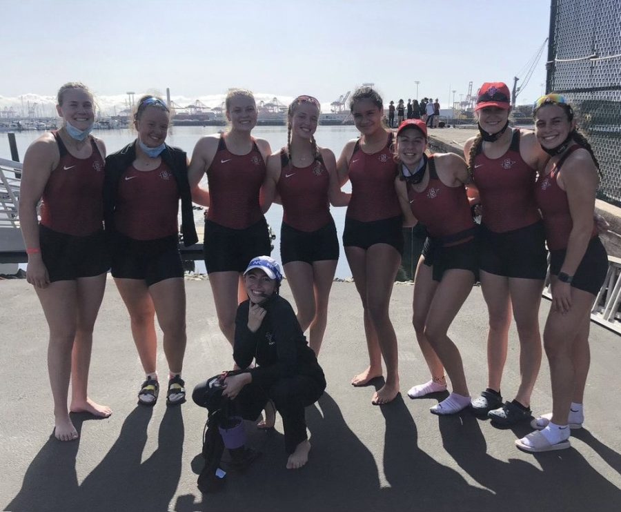 The San Diego State rowing team poses for a photo shortly before the program was cut in 2021. 