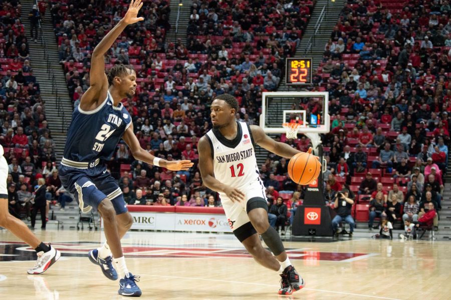Senior guard Darrion Trammell drives to the hoop in a game versus Utah State on Jan. 25. 