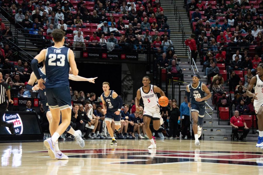 Junior Lamont Butler dribbles across on the court in a game versus Utah State on Jan. 25. Butler was the hero this weekend, hitting a game-winning three versus New Mexico. 