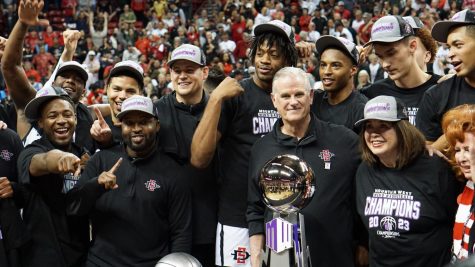 The Aztecs celebrate their Mountain West Title win on Saturday, March 11.