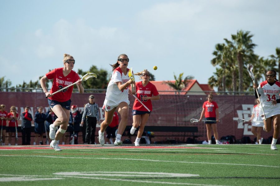 Freshman midfield Reilly Hunter evades a defender in a game versus Stony Brook on March 1, 2023. 