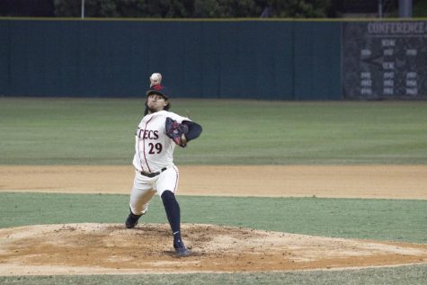 Right Hand Pitcher Robert Brodell throws at a home game against CSU Northridge on Feb. 21, 2023.