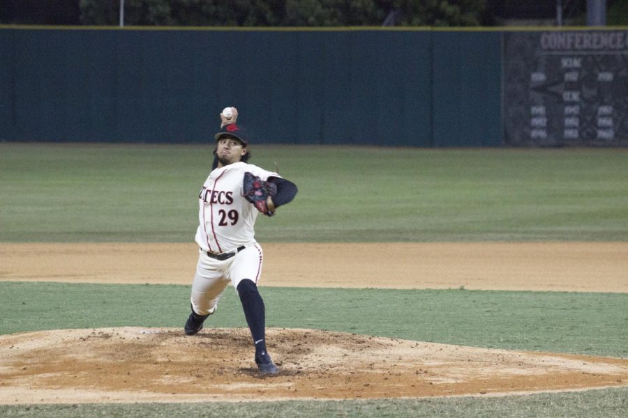 Right Hand Pitcher Robert Brodell throws at a home game against CSU Northridge on Feb. 21, 2023.