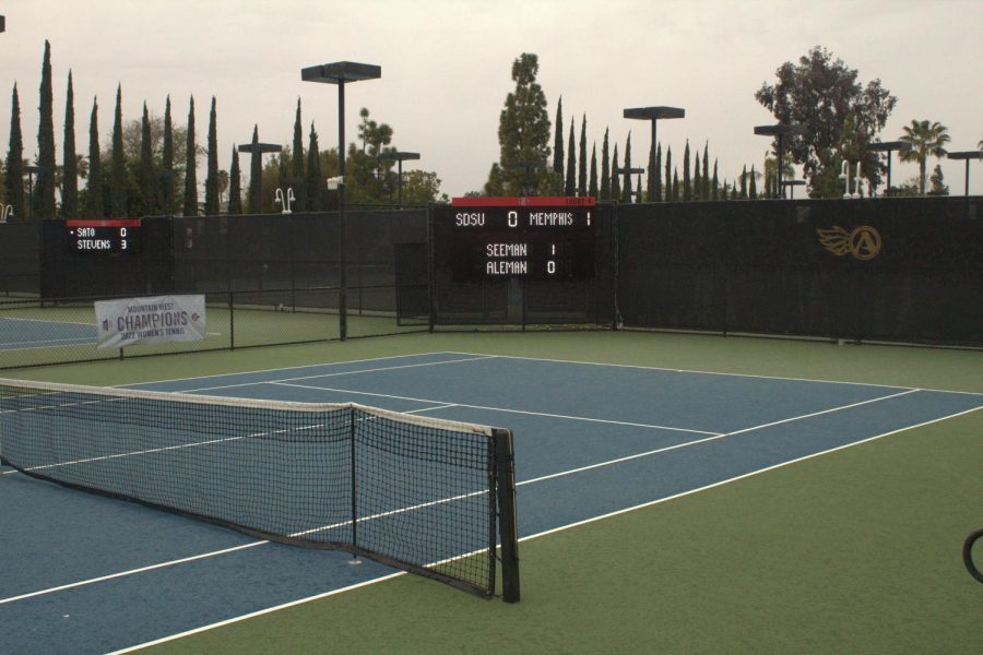 The+Aztec+Tennis+Courts+left+barren+following+the+brief+intermission+due+to+inclement+weather+on+Sunday%2C+Mar.+19.