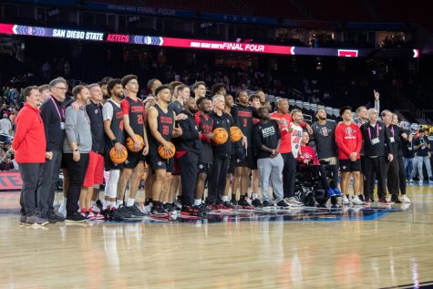 The SDSU mens basketball team poses during their first open practice on Friday, March. 31 at the NRG Center.