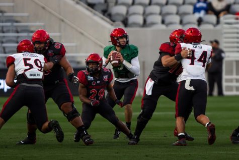 Redshirt-freshman quarterback looks for a pass during the SDSU Spring Football game on March 23.