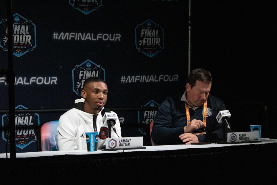 Final Four hero Lamont Butler answers questions at NRG Stadium on April 2, 2023. Butler hit the game-winning shot in SDSUs win over Florida Atlantic in the Final Four.