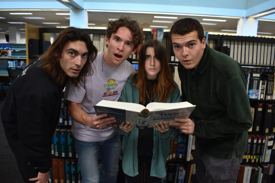 Kocean band members (left-right) Isaiah Hand,  Nick Kusior, Katie Thomas and Zen Yokel, pose at SDSUs Love Library. 