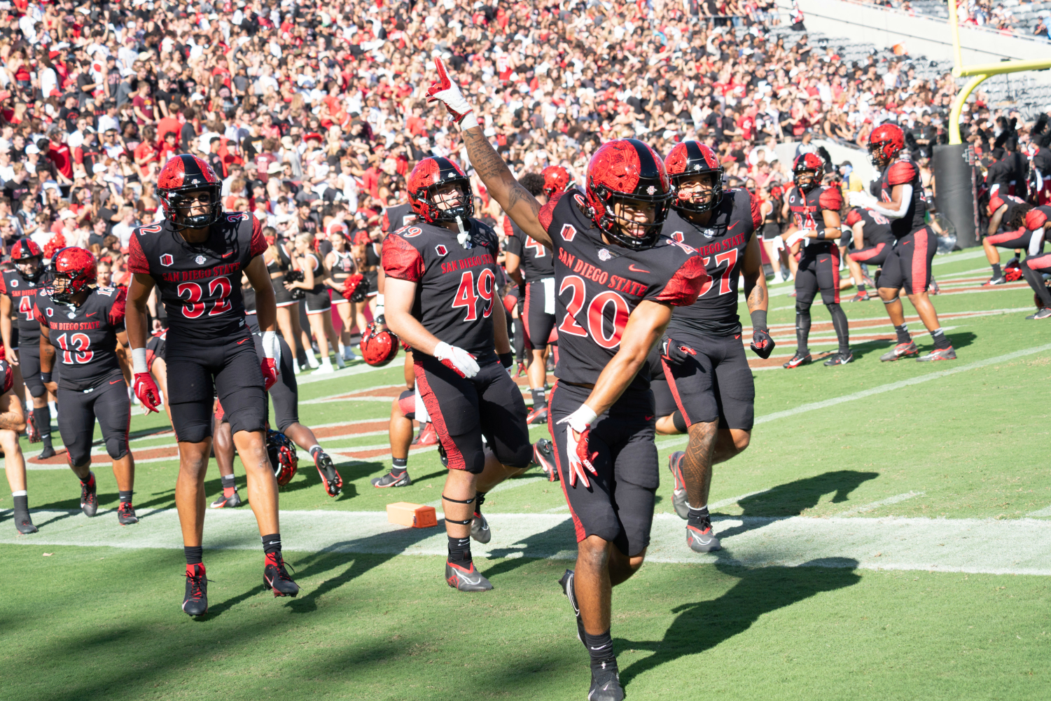 San Diego State running back Jaylon Armstead celebrates after