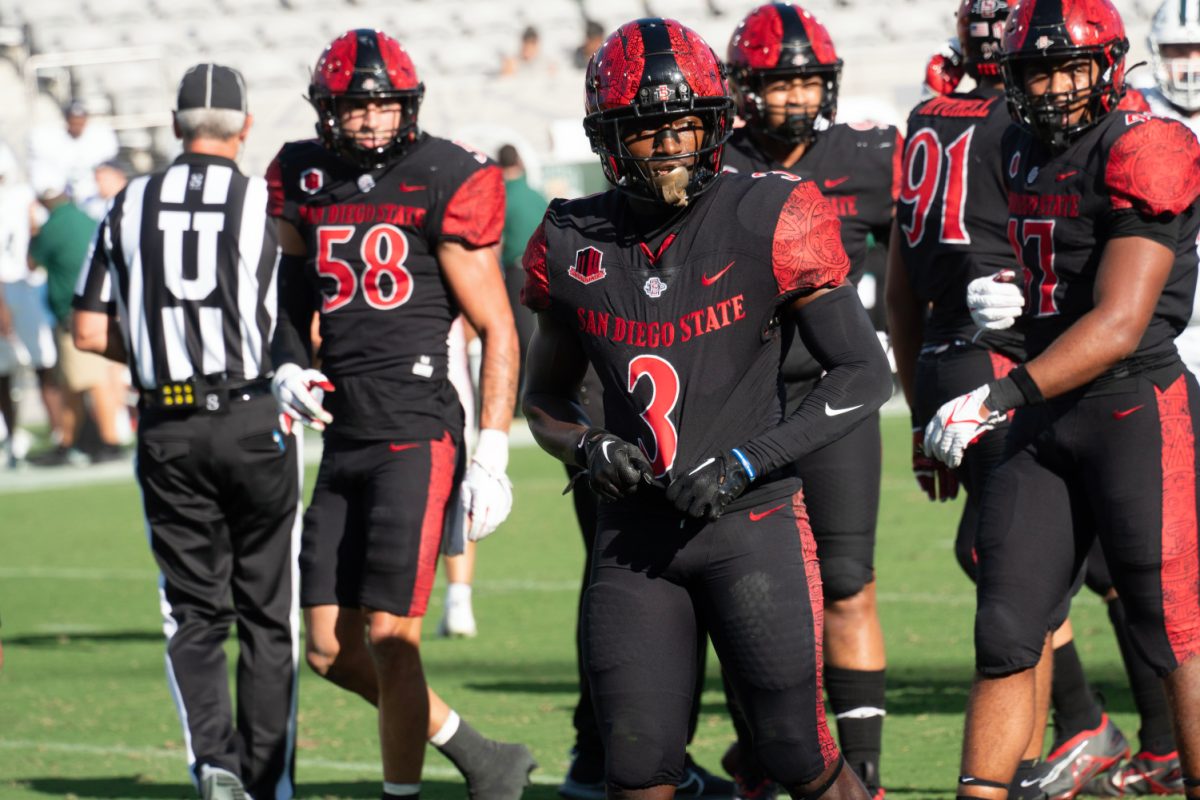 San Diego State safety No. 3 Cedarious Barfield during a break in action of the Aztecs 20-13 win against the Ohio Bobcats on Saturday, Aug. 26 at Snapdragon Stadium. Barfield had an interception, and finished with four tackles and a pass breakup.
