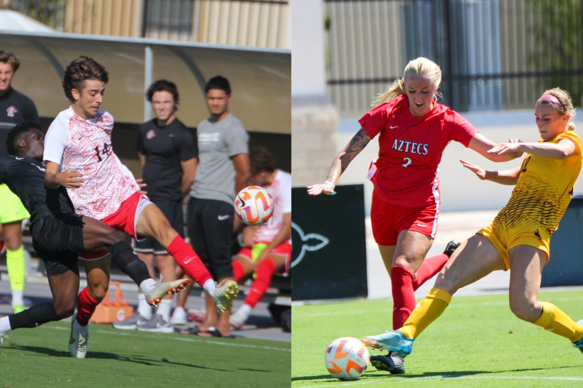 Current SDSU sophomore defender Tristan Viviani (left) and junior defender Trinity Coker in action during the 2022 season at the Sports Deck in San Diego, Calif. (Isabella Biunno)