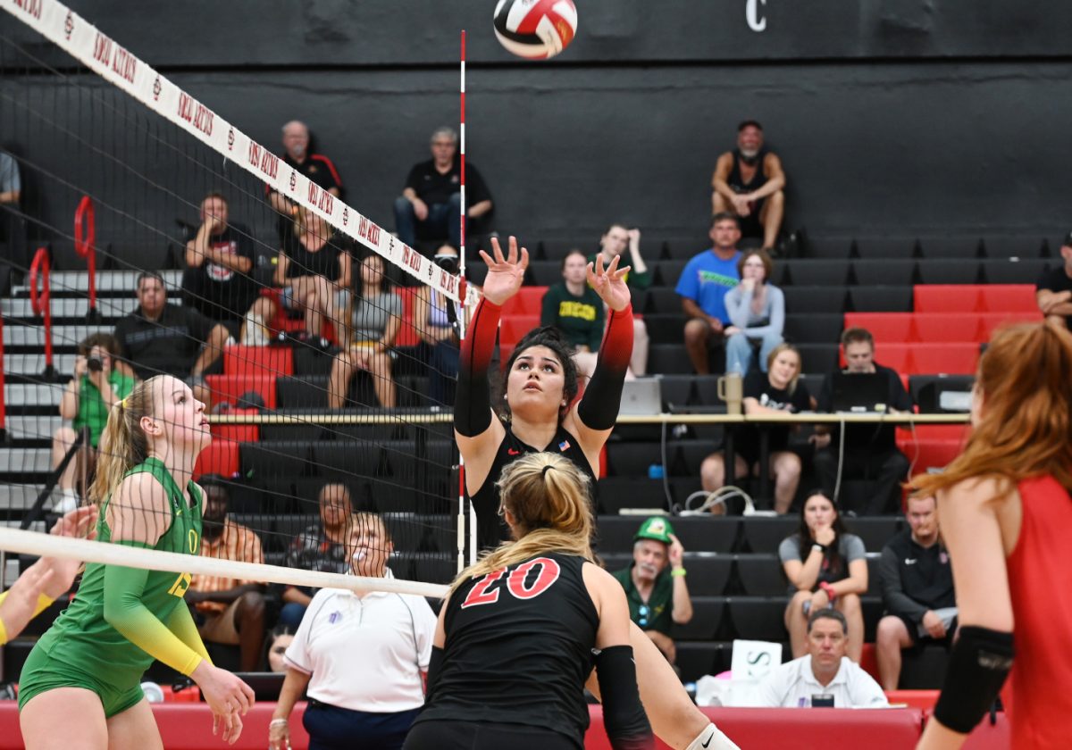 San Diego States Fatima Hall sets the ball during action earlier this season at Aztec Court at Peterson Gym. Hall recorded a SDSU-best 20 assists in the Aztecs 3-0 win at Gonzaga on Friday, Sept. 15.