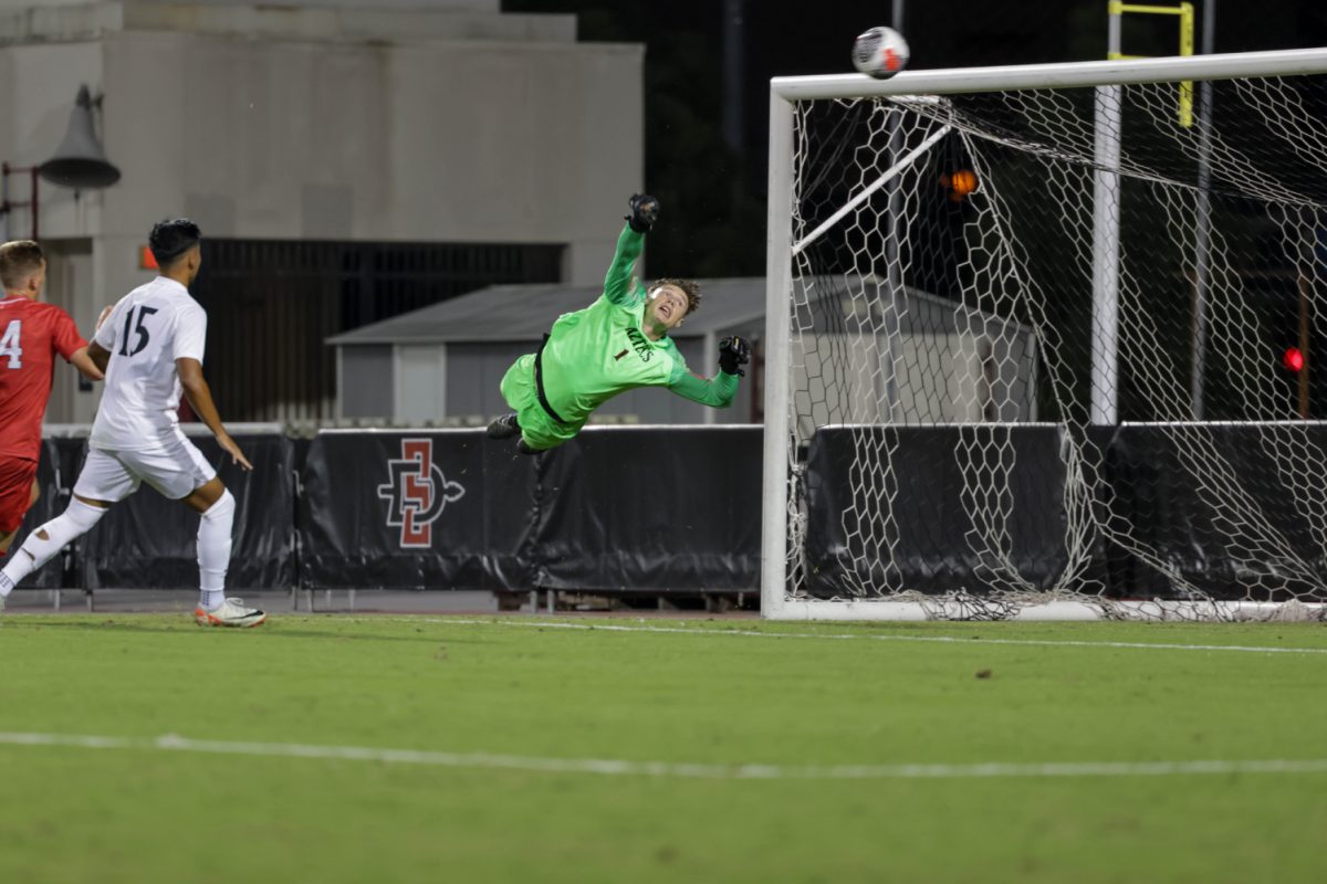 San Diego State goalkeeper Logan Erb dives to deny a shot by Utah Tech on Thursday, Sept. 21 at the SDSU Sports Deck. The Aztecs shut out the Trailblazers 3-0 to finish non-conference play unbeaten (6-0-1).