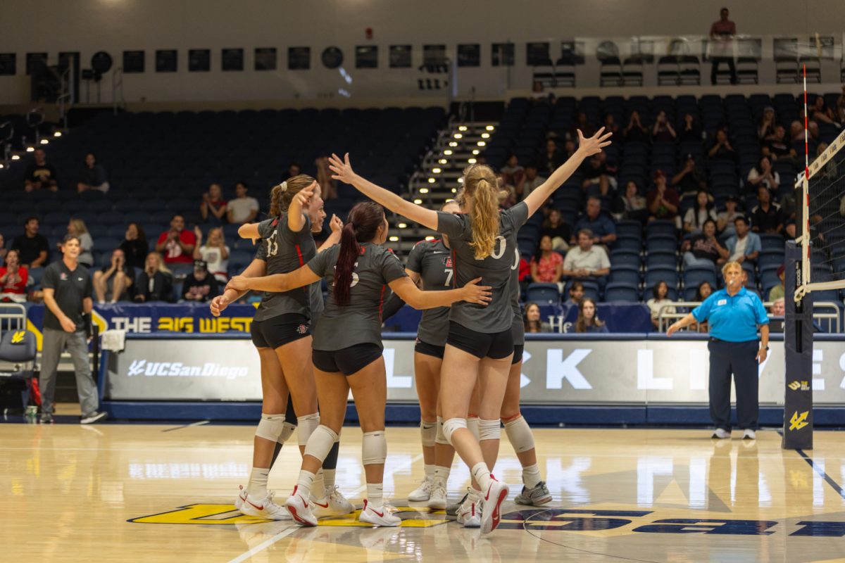 San Diego State Aztecs cheer after winning a point against UC San Diego at the UCSD Invitation on Thursday, Sept. 7 inside the LionTree Arena.