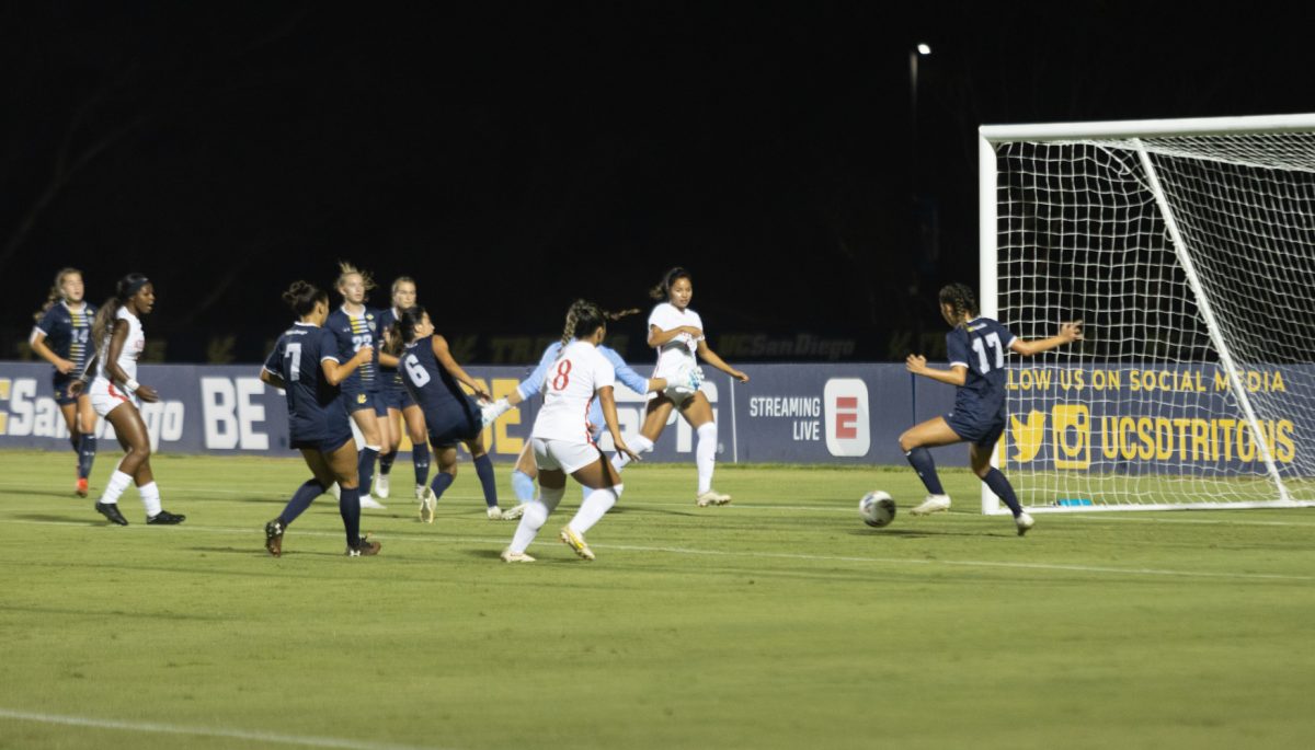Chaos in front of UC San Diegos goal but San Diego State couldnt take advantage of the situation to score at Triton Soccer Stadium on Thursday, Sept. 7. 