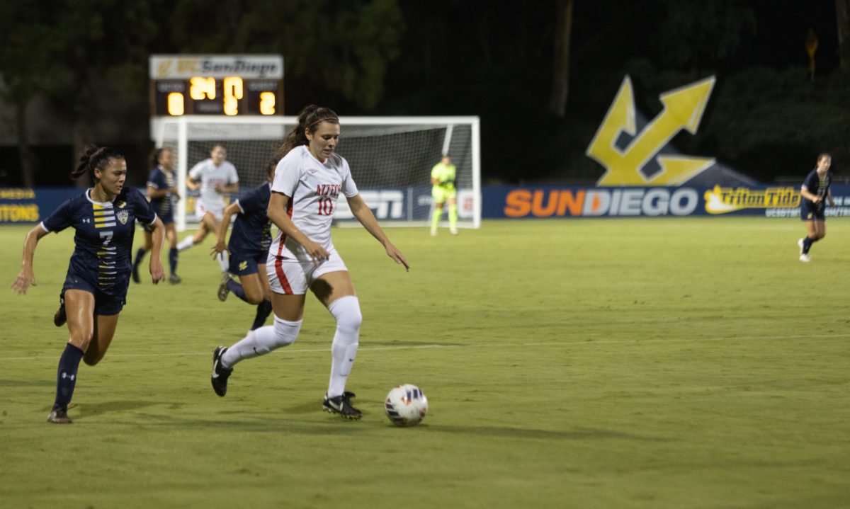 San Diego State forward Kali Trevithick leads an attack against UC San Diego on Thursday, Sept. 7, at Triton Soccer Stadium. She was involved in all three Aztecs goals, scoring two and assisting on one.