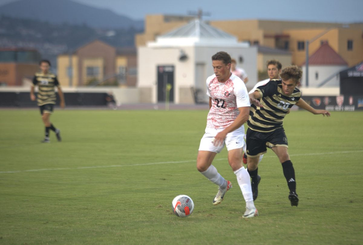 San Diego State forward Rommee Jaridly maintains possession against Cal Poly midfielder Rylan Firouznam on Friday, Sept. 1 at SDSU Sports Deck. Jaridly scored the first goal of the match 49 seconds in.