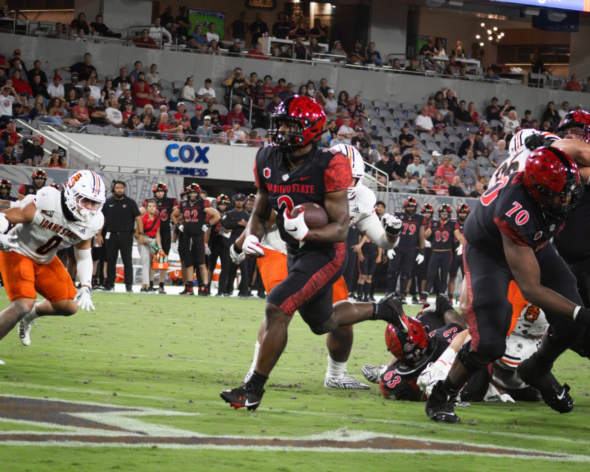 San Diego State running back Jaylon Armstead scores on a four yard touchdown run in the second quarter of the Aztecs 36-28 win over Idaho State on Saturday, Sept. 2 at Snapdragon Stadium. The Aztecs out-gained the Bengals 302-34 on the ground.