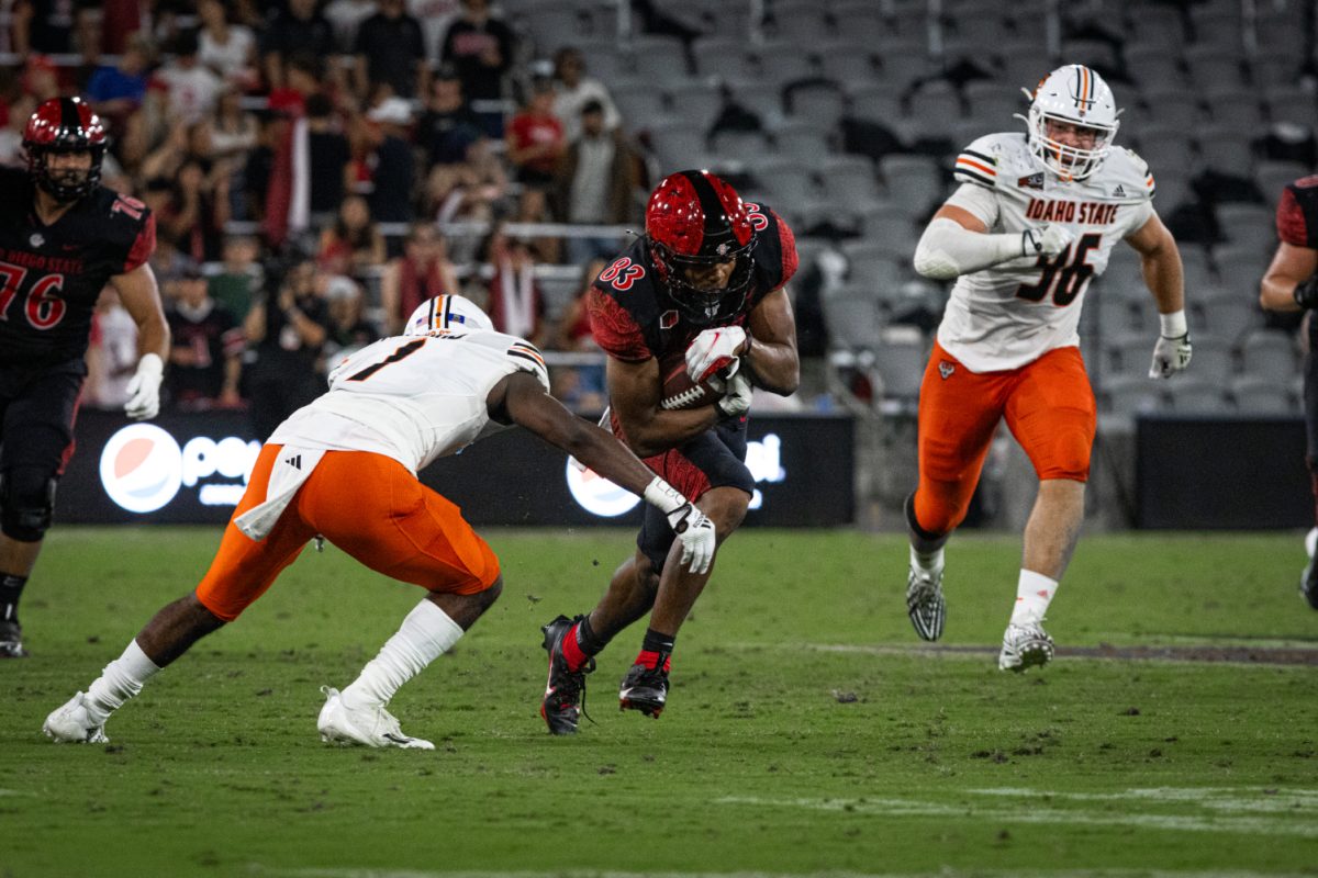 San Diego State wide receiver Mekhi Shaw turns up field after making a catch against Idaho State at Snapdragon Stadium.