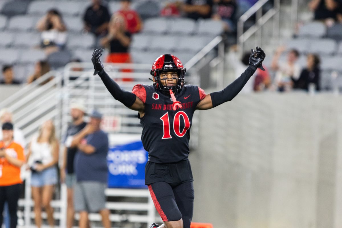 San Diego State cornerback Noah Tumblin reacts during the Aztecs 36-28 win over Idaho State on Saturday, Sept. 2 at Snapdragon Stadium. The senior recorded his first interception of the season, while the SDSU defense had three interceptions for the second straight game.