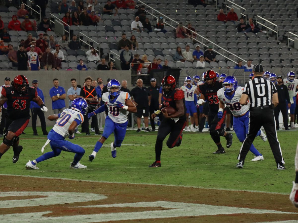 San Diego State quarterback Jalen Mayden rushes for a touchdown against Boise State earlier this season.