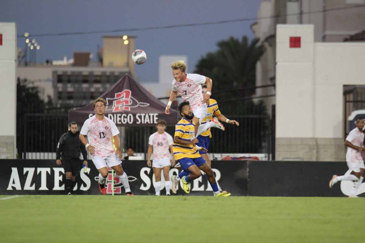 San Diego State forward Alexander Levengood (7) heads the ball against Cal State Bakersfield on Monday, Aug. 28 at the SDSU Sports Deck. Mens soccer and womens lacrosse are both impacted by the breakup of the Pac-12.