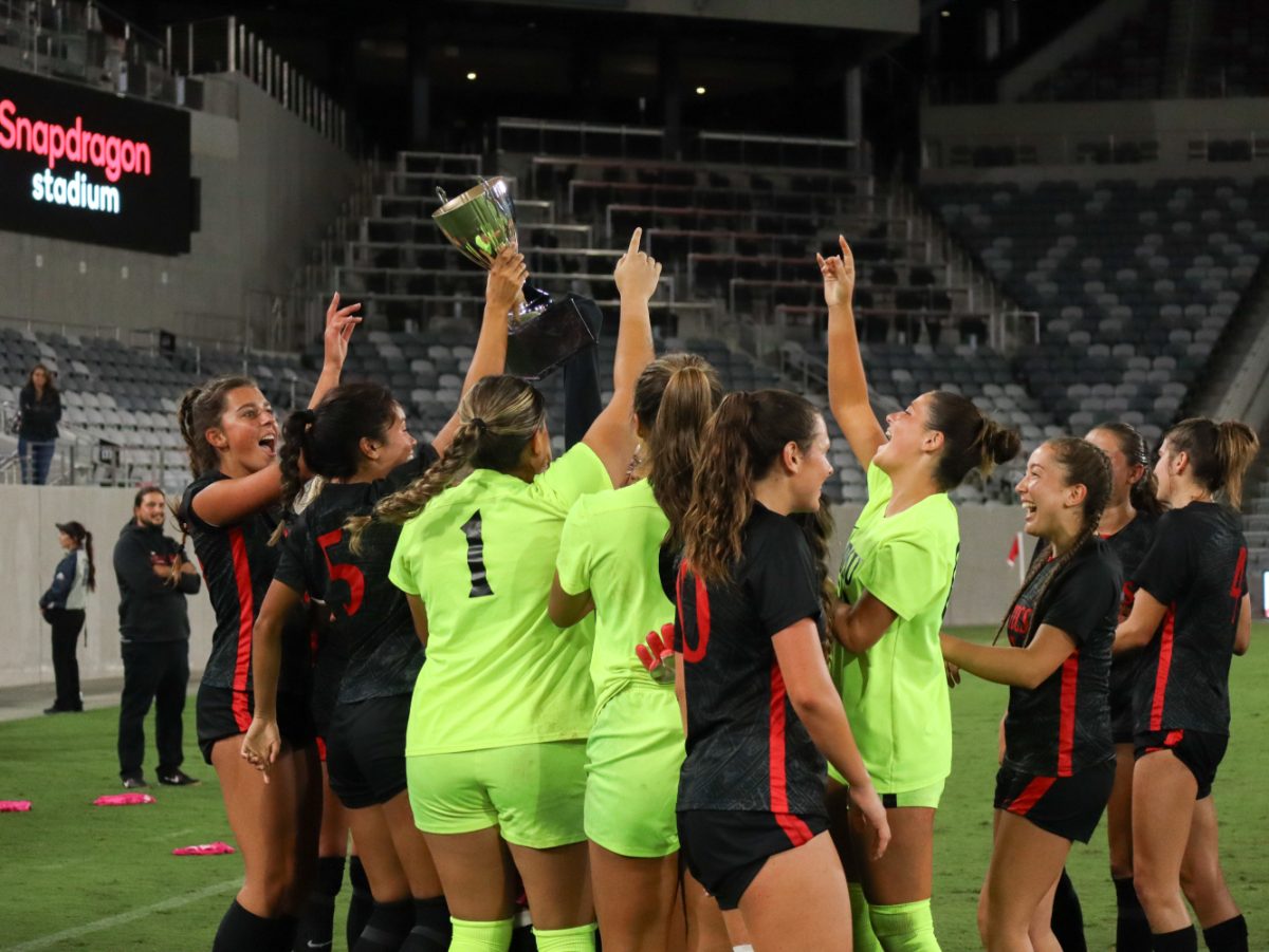San Diego State Womens soccer team celebrates their win over 4-0 over USD on Thursday, Sept. 14 at Snapdragon Stadium