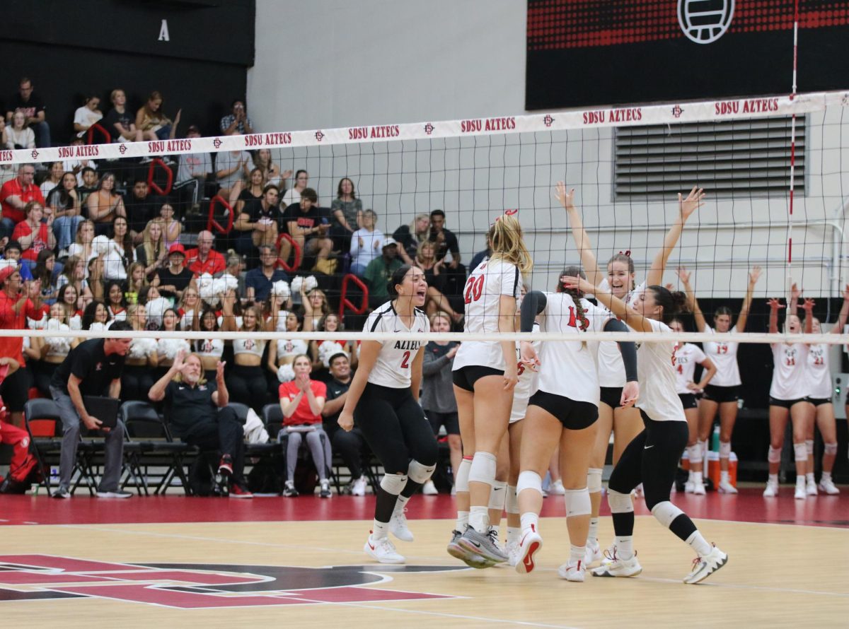 The San Diego State Aztecs celebrate their first home game win at Aztec Court at Peterson Gym. SDSU won three sets in a row in the Aztecs 3-1 win vs. San Jose State on Saturday, Sept. 23.