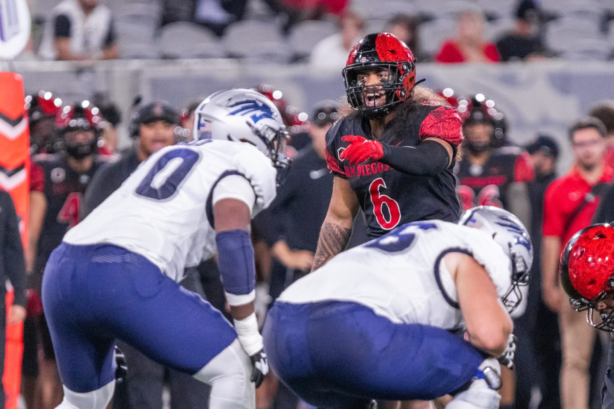 Aztec linebacker Zyrus Fiaseu (6) points at the offense during a Mountain West conference game against the Nevada Wolf Pack on Oct. 21, 2023 at Snapdragon Stadium.