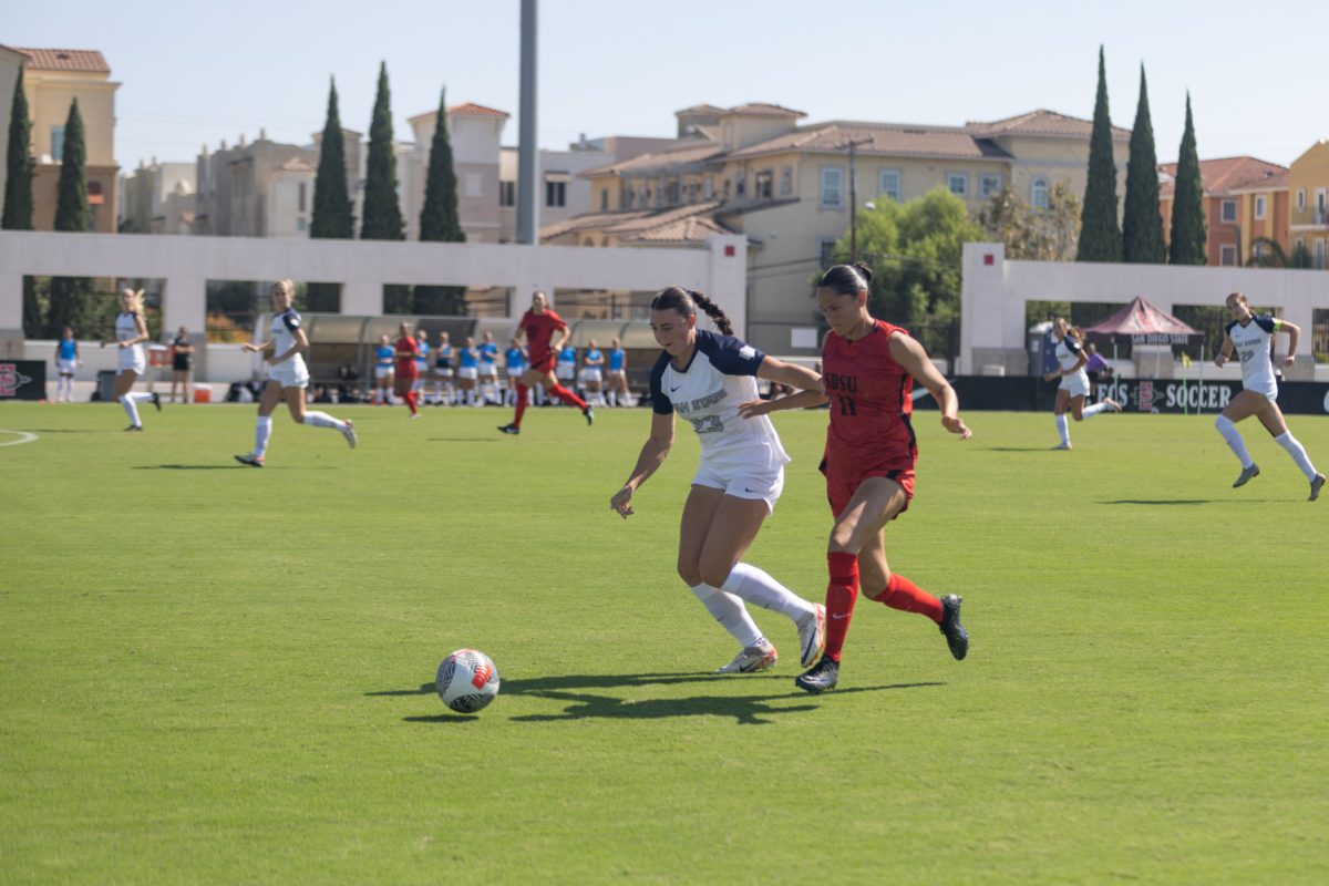 San Diego State midfielder Denise Castro possesses the ball against Utah State at the SDSU Sports Deck. Castro scored her second consecutive match winner at UNLV on Thursday, Oct. 12.