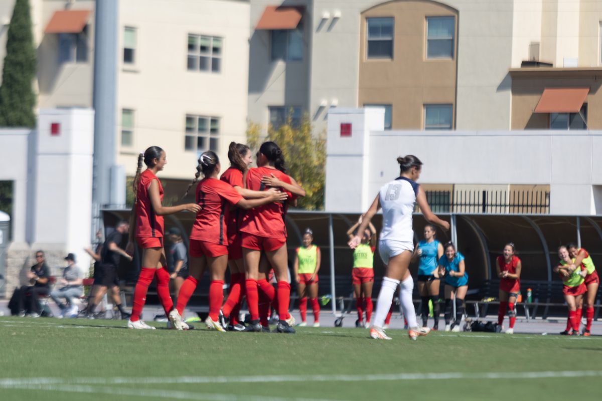San Diego State celebrates a goal earlier this season at the SDSU Sports Deck. Denise Castro scored her third match-winner of the season at Colorado State on Sunday, Oct. 22.