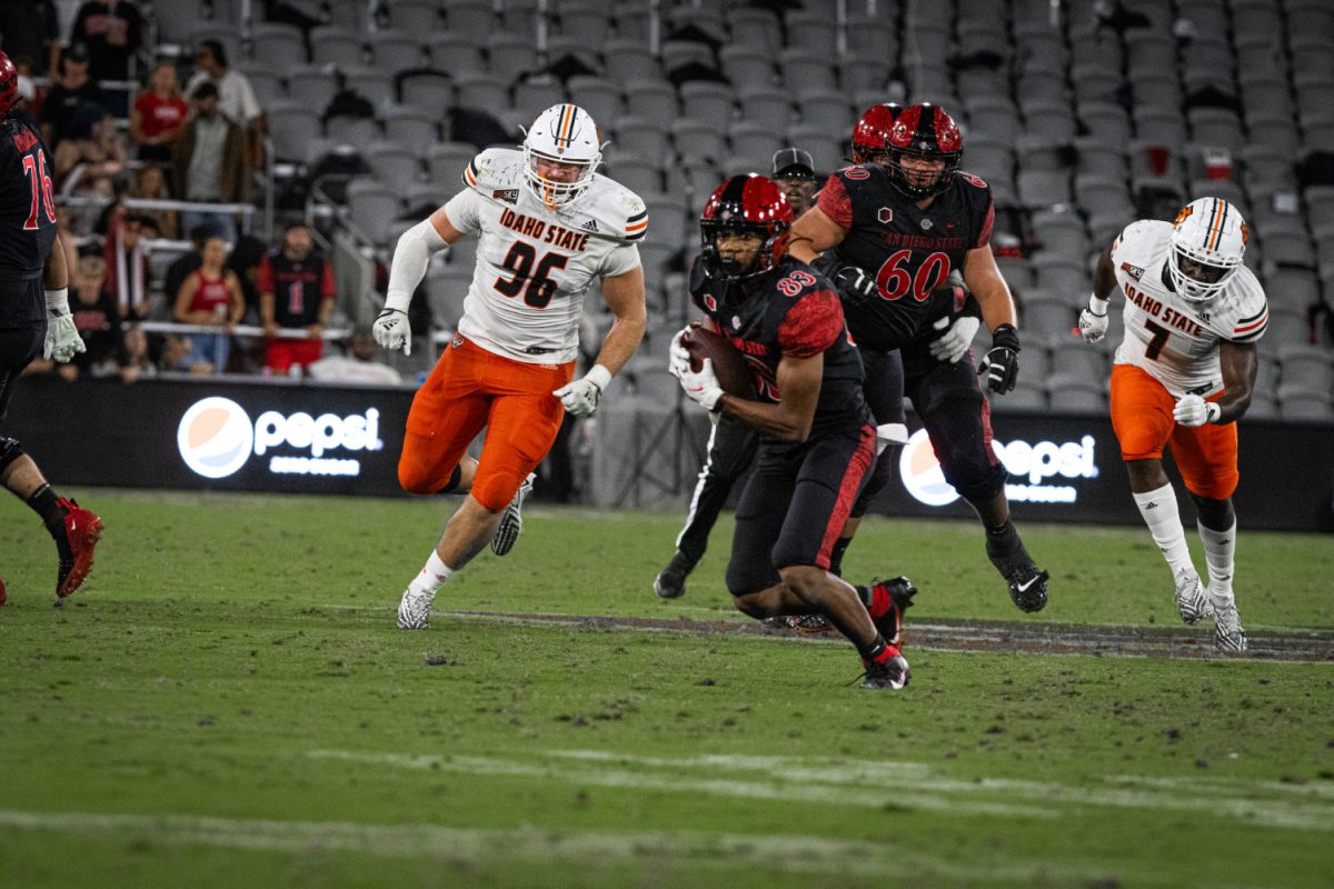 San Diego State wide receiver Mekhi Shaw (83) moves up field after making a reception against Idaho State. Shaw had a season high six catches for 126 yards and a touchdown against Hawaii on Saturday. Oct. 14