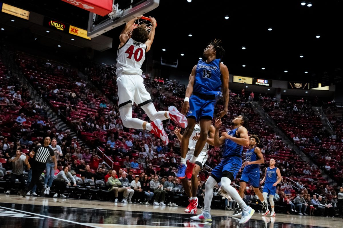 San Diego State forward Miles Heide dunks during an exhibition game against Cal State San Marcos on Monday, Oct. 30 at Viejas Arena. The Aztecs won 81-50.