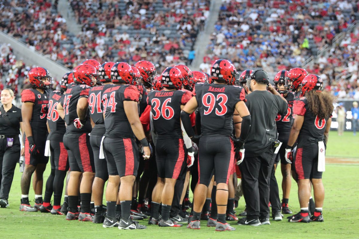 San Diego State huddles up during a timeout earlier this season at Snapdragon Stadium.