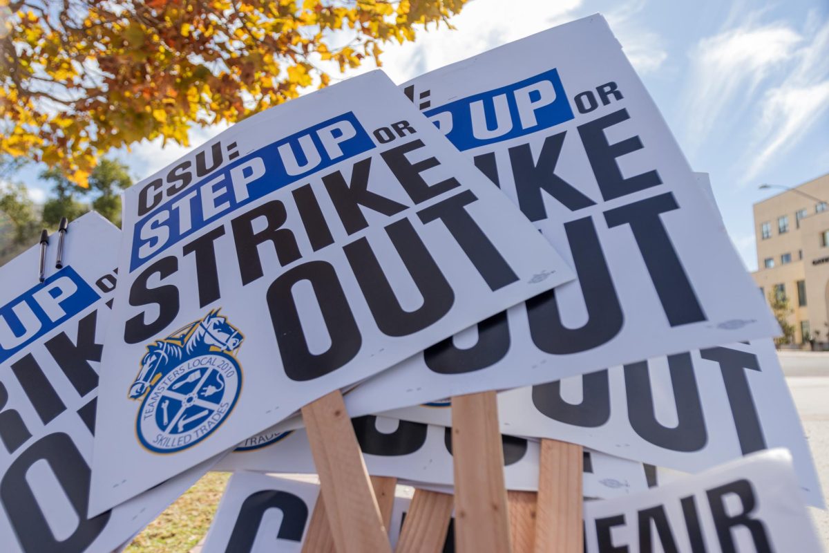 Teamsters+Local+2010+Union+signs+sit+in+a+bin+for+picketers+at+San+Diego+State+University+on+Nov.+14%2C+2023.