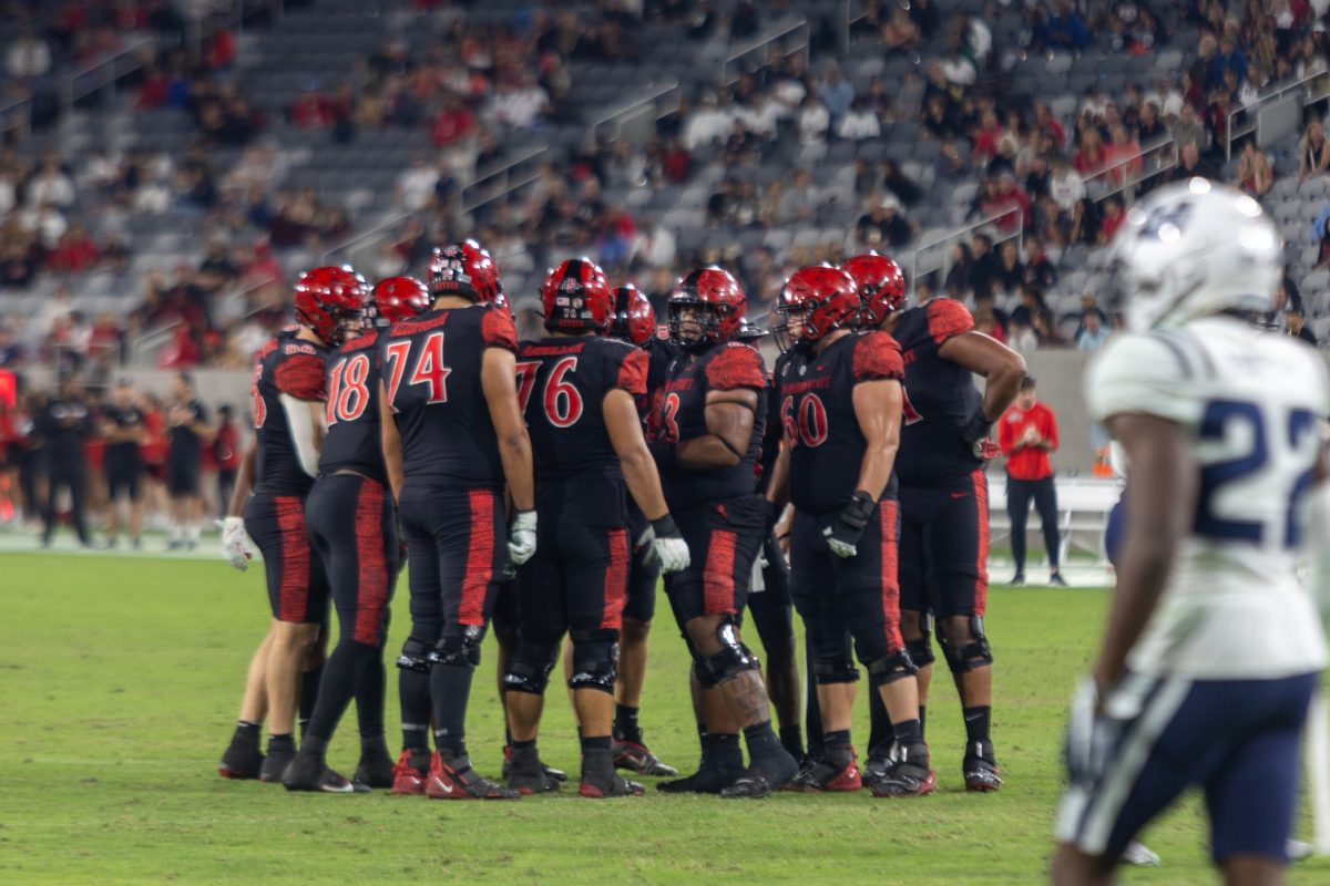 The San Diego State offense huddles during a game earlier this season at Snapdragon Stadium.