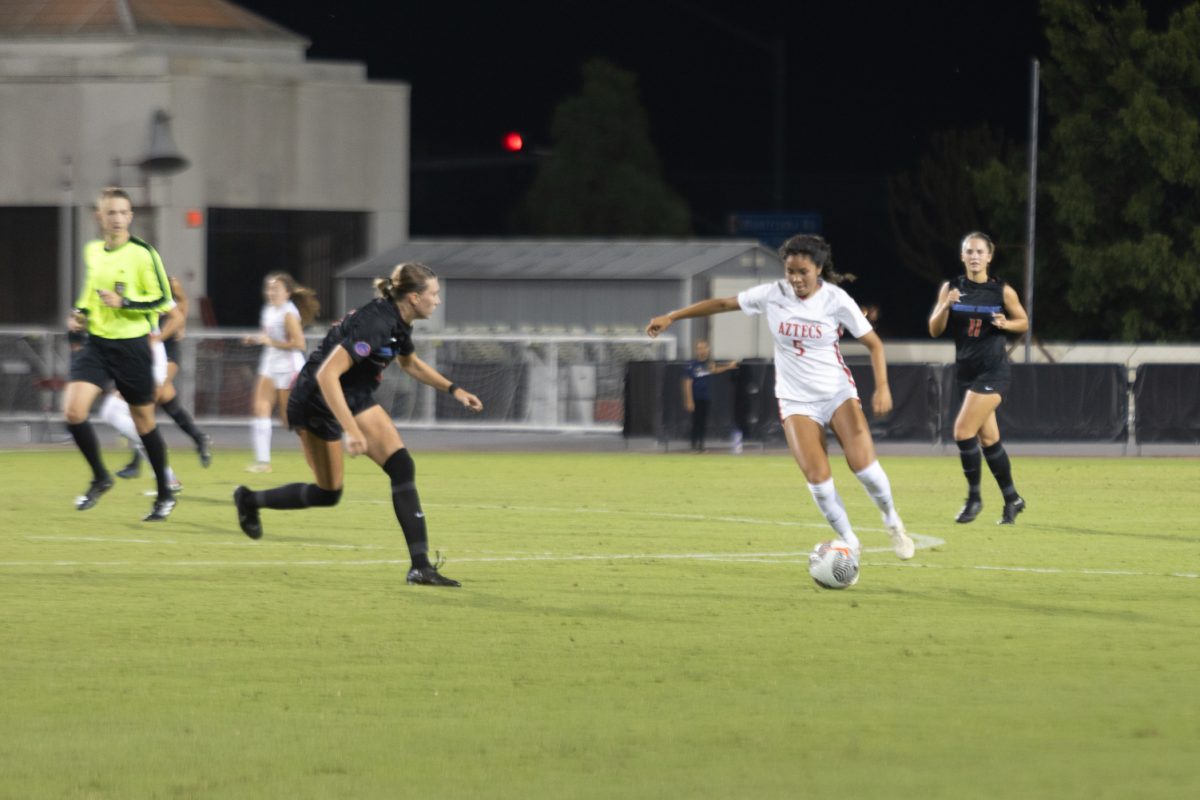 San Diego State forward Emma Gaines-Ramos dribbles the ball in space earlier this season at the SDSU Sports Deck.