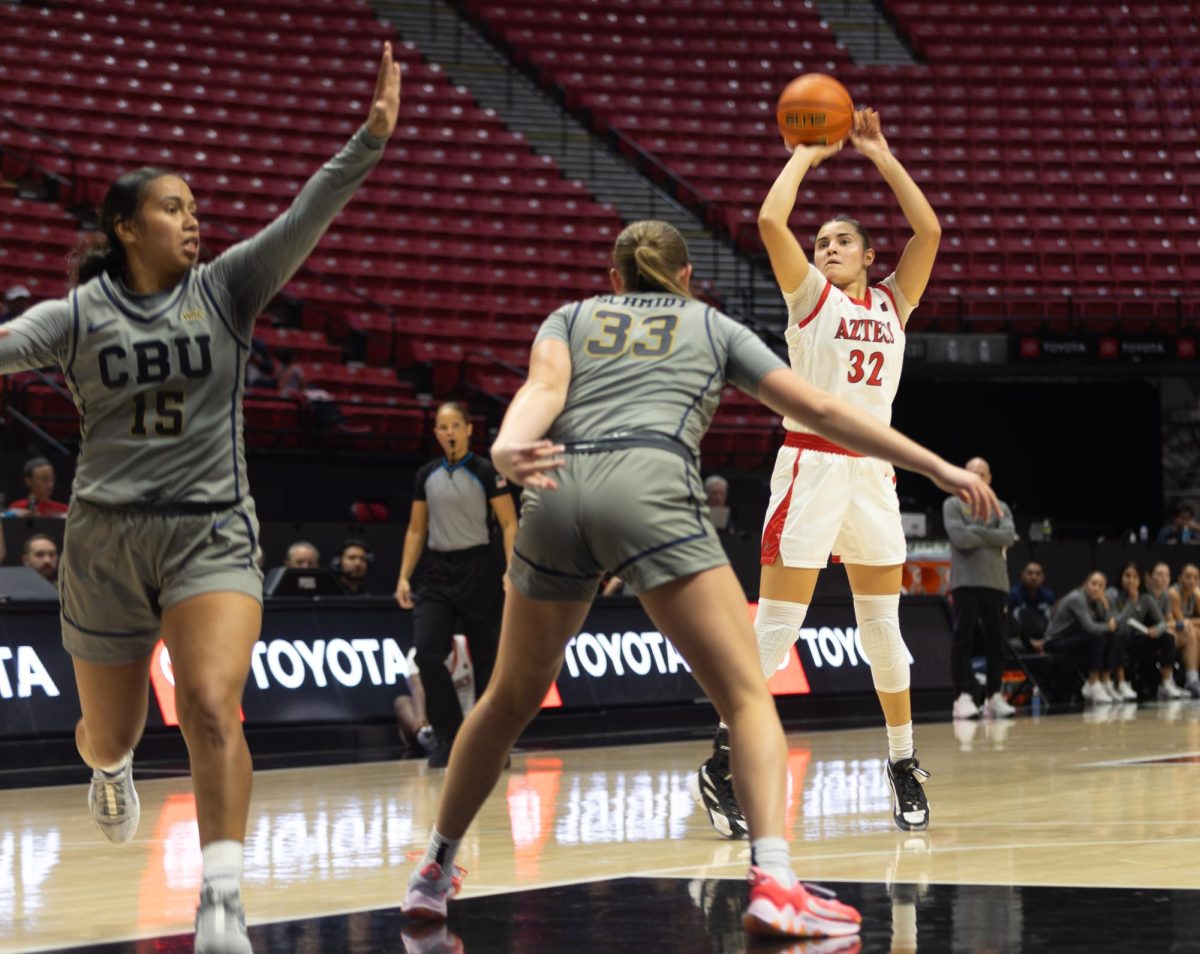 San Diego State Womens Forward Adryana Quezada shoots from outside the paint against California Baptist defenders in a 76-68 loss on Friday, Nov. 10 at Viejas Arena 