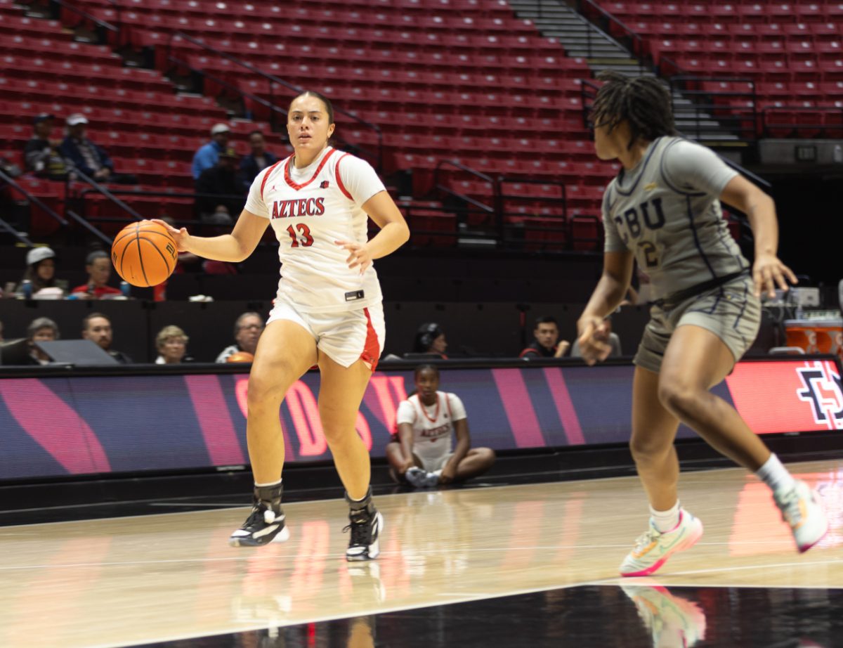 San Diego State guard Meghan Fiso drives with the ball during action earlier this season at Viejas Arena.