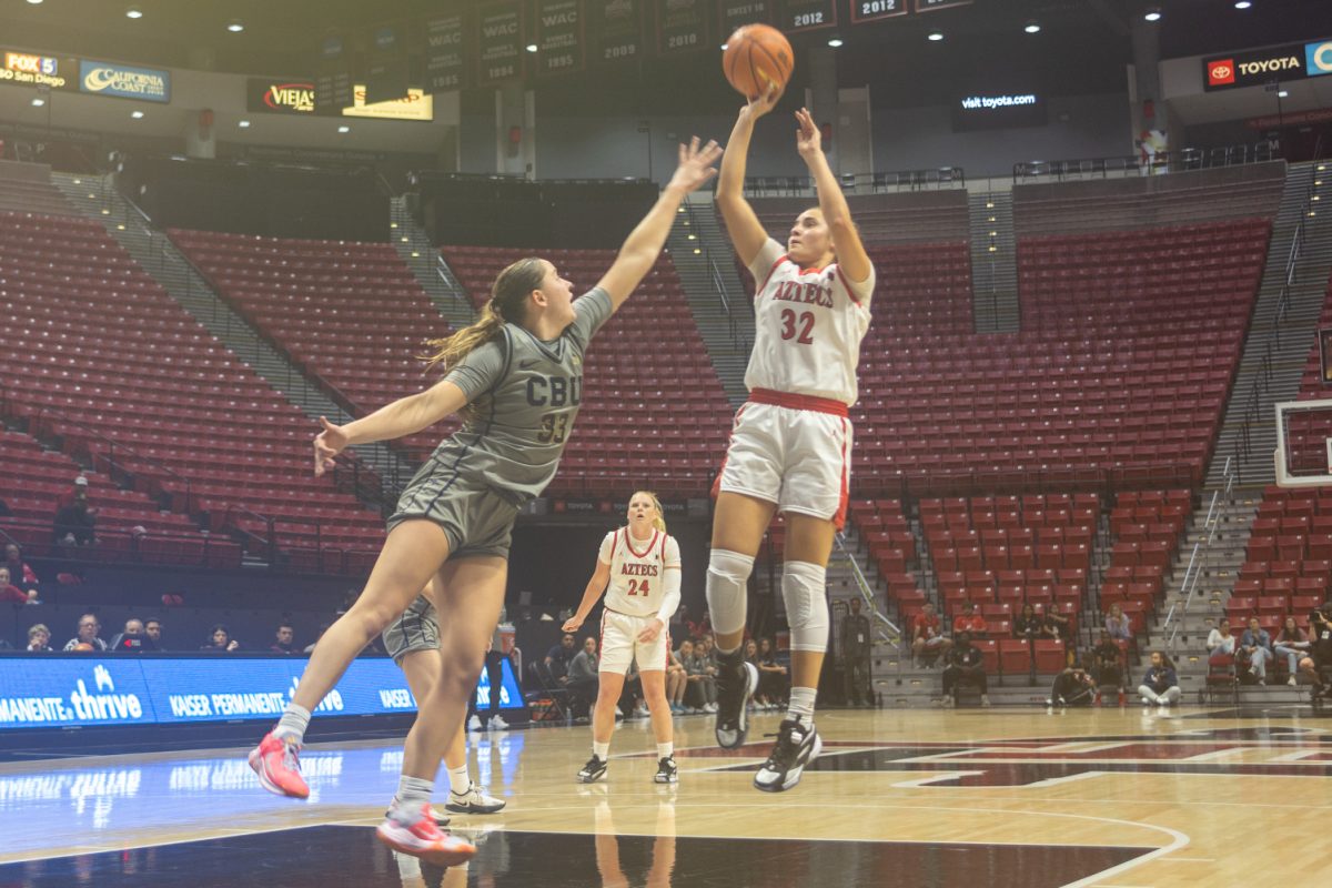 San Diego State forward Adryana Quezada takes a step-back jumper in a game earlier this season at Viejas Arena. Her 21 points against Penn was the most she has scored in an Aztecs uniform.