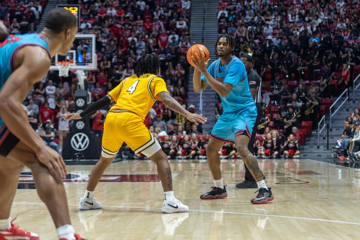 San Diego State guard Reese Waters gets into position earlier this season at Viejas Arena. Waters scored 24 points, a new career high, in the Aztecs win against Cal.