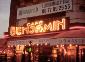 The Cafe Benjamin sign lit up at night in Paris on July 11, 2023. Photo courtesy of Michelle Armas