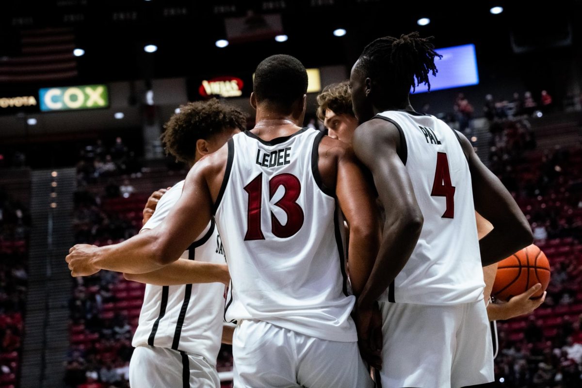 San+Diego+State+Mens+Basketball+team+huddles+during+their+exhibition+game+against+Cal+State+San+Marcos+on+Monday+Oct.+30+at+Viejas+Arena.+Forward+Jaedon+LaDee+led+all+scorers+with+21+points.+